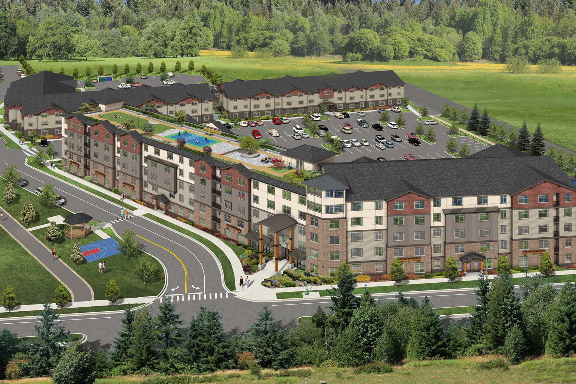 Digital rendering of apartment building complex financed with $42M construction loan